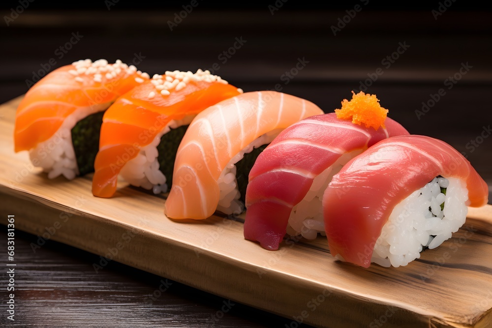 Assorted Fresh Sushi Rolls on Rustic Wooden Board with Chopsticks and Soy Sauce, Ready to Eat at the Table Generative AI Assorted Fresh Sushi Rolls on Rustic Wooden Board with Chopsticks and Soy Sauce, Ready to Eat at the Table Generative AI