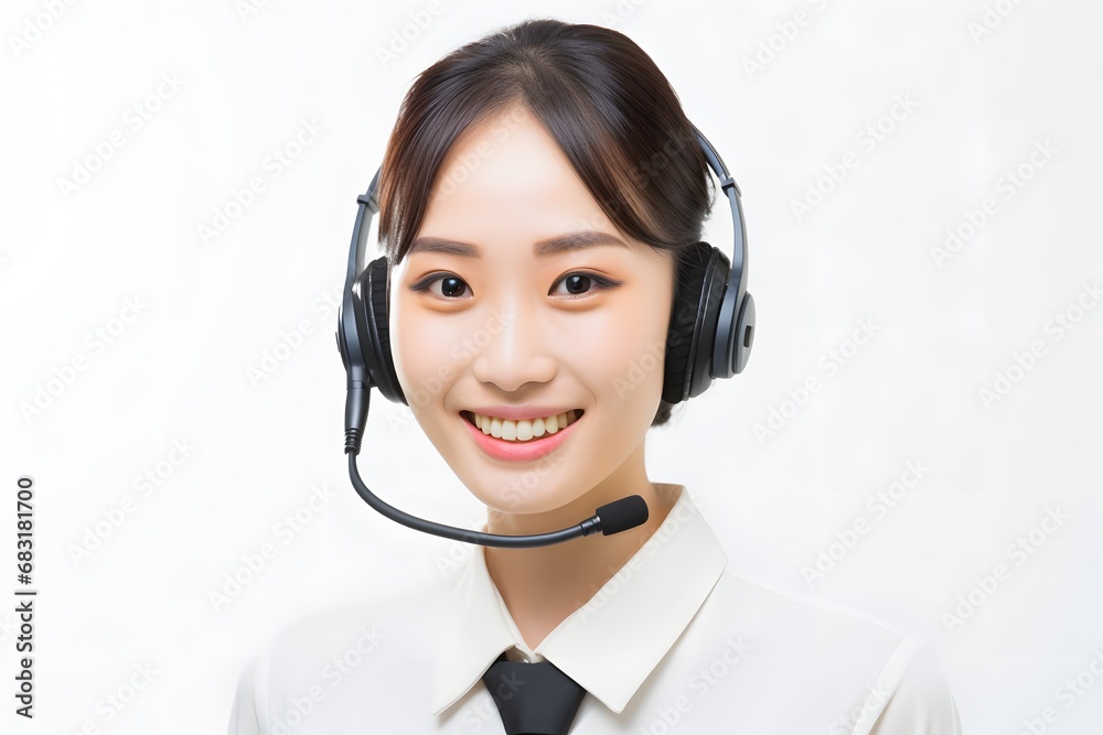 Happy Businesswoman with Headset and Microphone Ready to Take on the Day Generative AI Happy Businesswoman with Headset and Microphone Ready to Take on the Day Generative AI