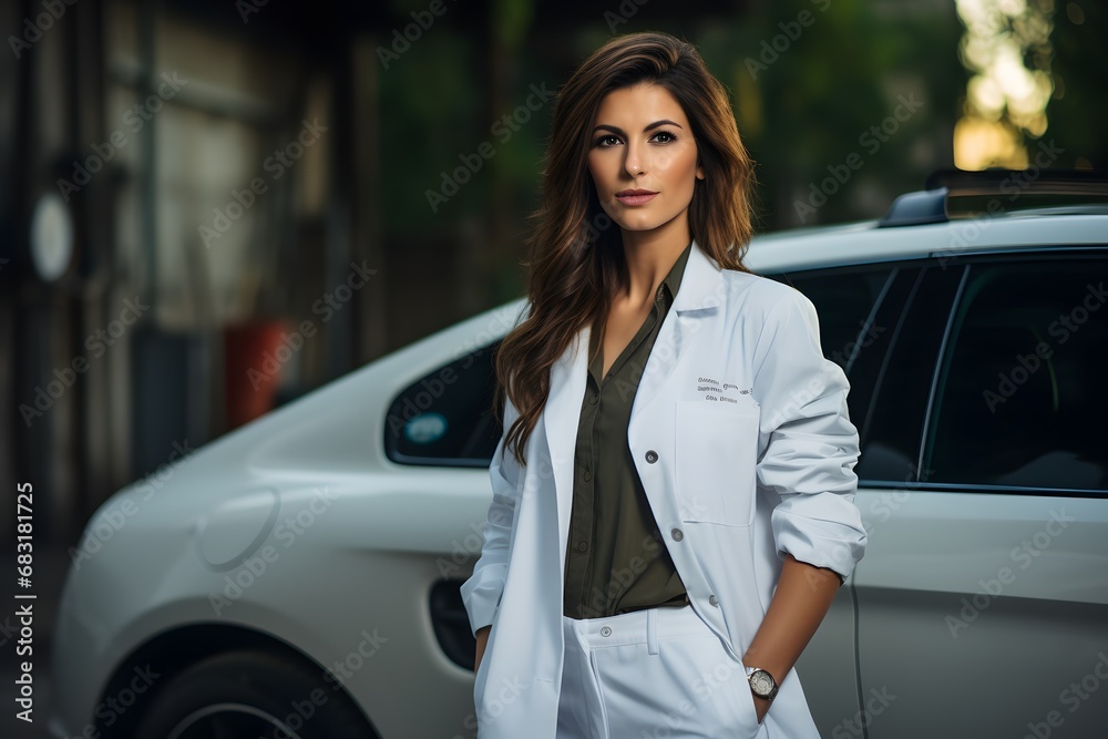 Confident female scientist in white lab coat standing proudly next to a sleek white car in a modern research facility. Generative AI