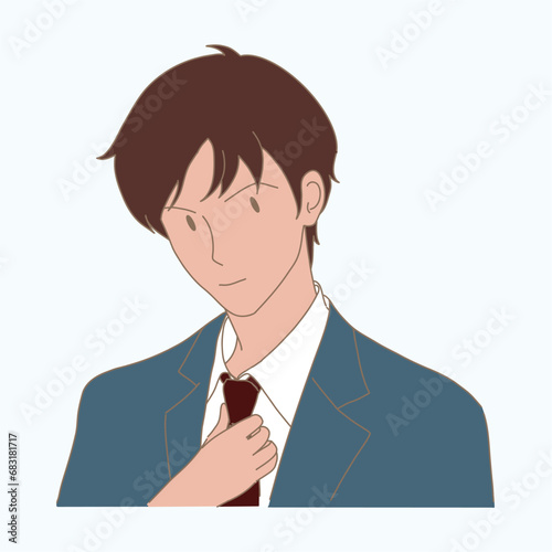 Confident businessman in suit adjusting necktie. Hand drawn flat cartoon character vector illustration.