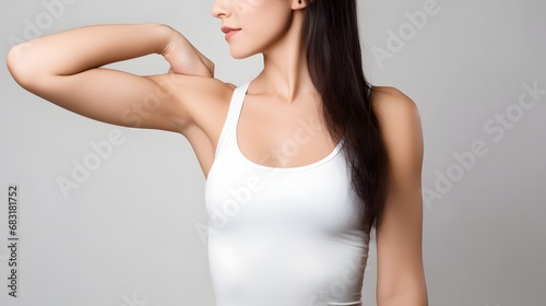 Confident young woman in white tank top posing with arm over shoulder in front of neutral background. Generative AI
