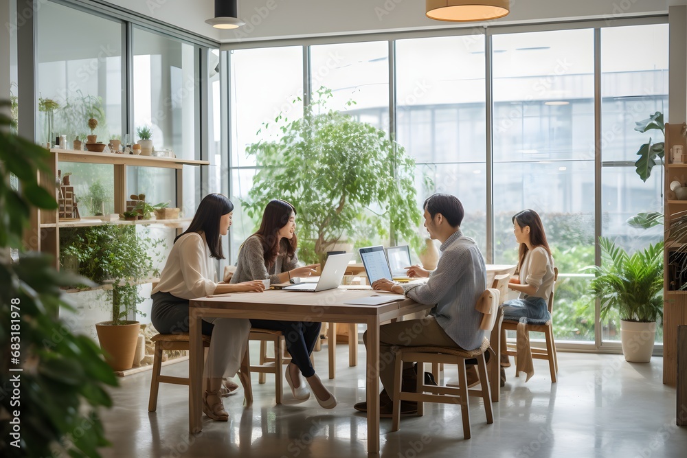 Diverse Group of Professionals Collaborating on Laptops in Modern Workspace with Natural Lighting Generative AI Diverse Group of Professionals Collaborating on Laptops in Modern Workspace with Natural Lighting Generative AI