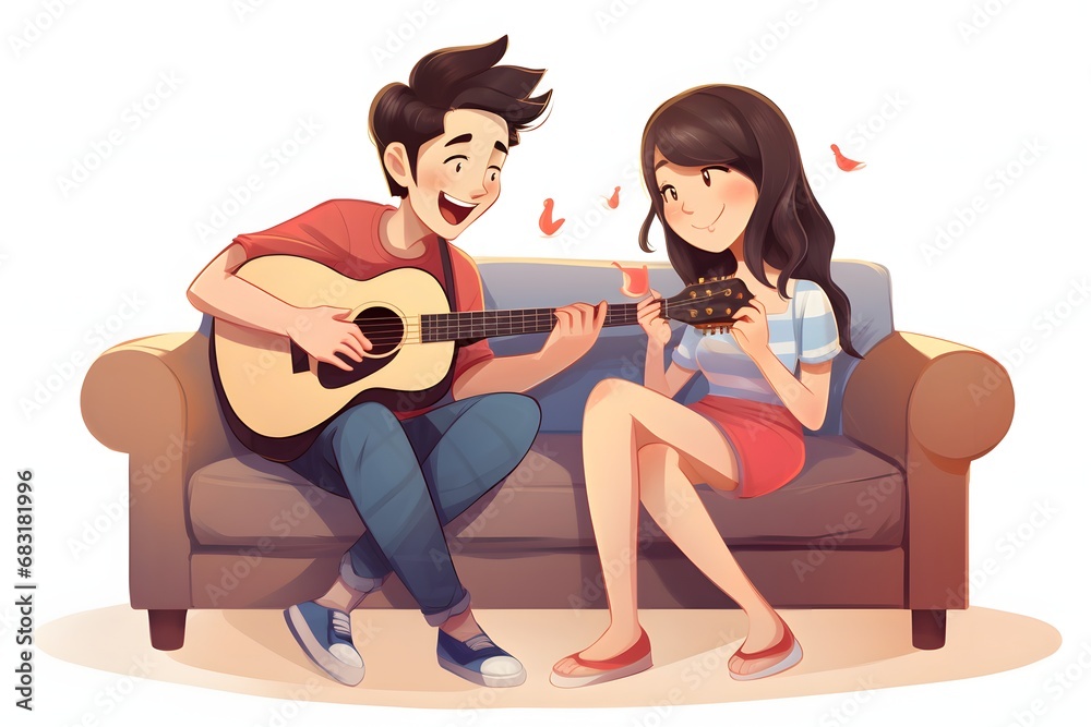 Couple enjoying a cozy evening at home playing guitar together on the couch in a fun cartoon illustration. Generative AI