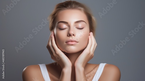 Serene blonde woman with closed eyes and hands resting on her face in a peaceful moment of self-care and relaxation. Generative AI