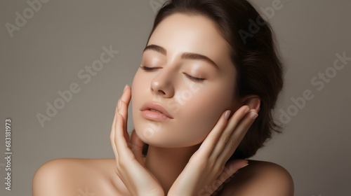 Serene young woman with closed eyes and hands resting on her face in a peaceful moment of reflection. Generative AI
