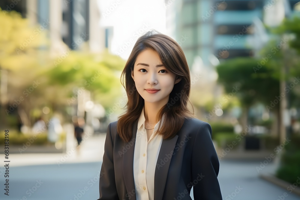 Confident businesswoman in formal attire standing on a busy city street during rush hour traffic Generative AI Confident businesswoman in formal attire standing on a busy city street during rush hour traffic Generative AI