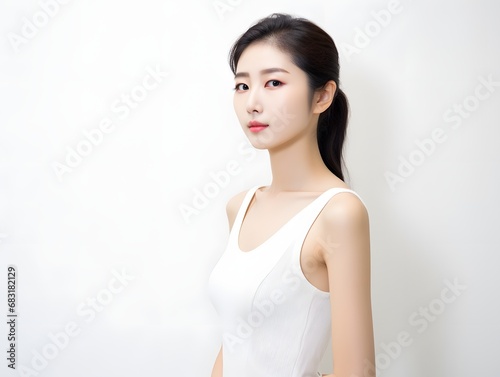 Elegant Woman in White Dress Posing for a Fashionable Photoshoot with Confidence and Graceful Poise. Generative AI