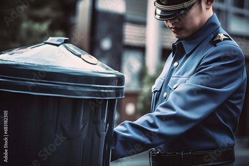 Uniformed Sanitation Worker Disposing of Waste in Garbage Bin on City Street Generative AI photo