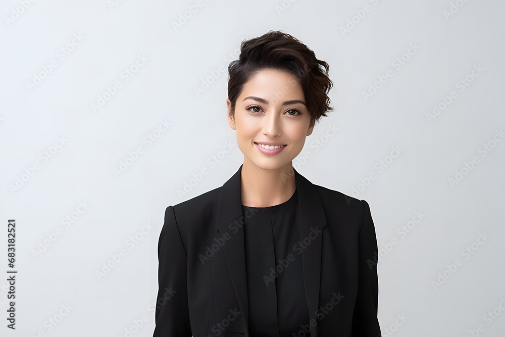 Confident businesswoman in black suit and top smiling for a professional headshot photo shoot. Generative AI Confident businesswoman in black suit and top smiling for a professional headshot photo shoot. Generative AI