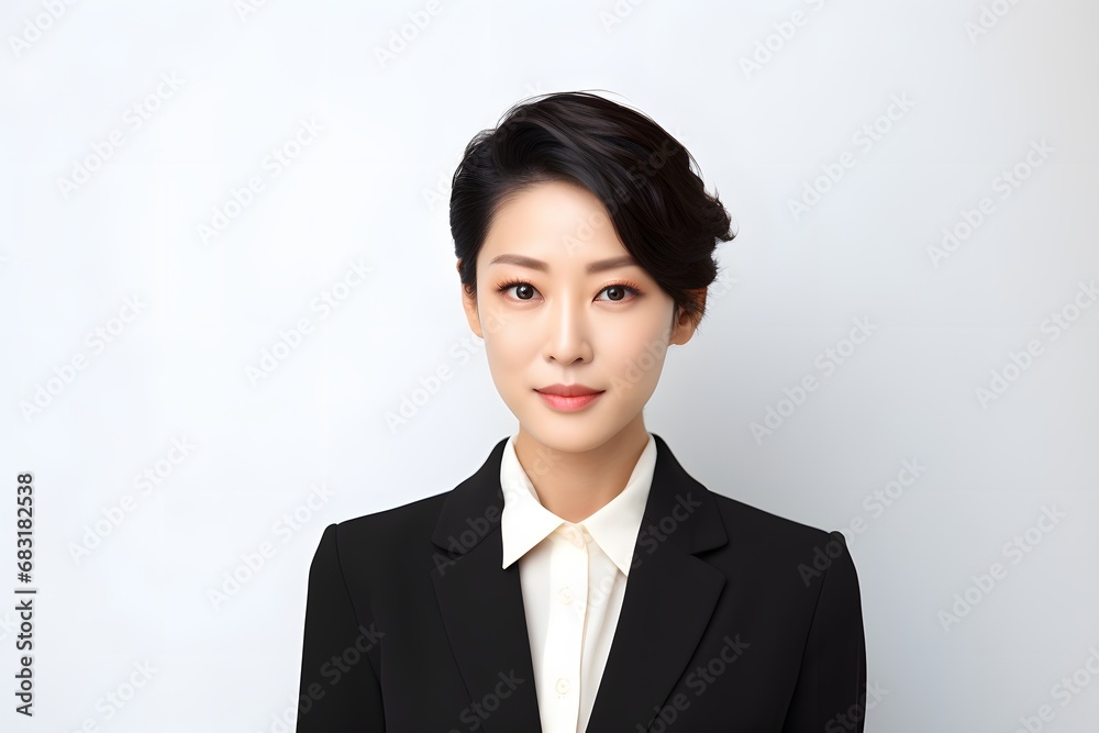 Confident businesswoman in black suit and white shirt standing against a cityscape background. Generative AI Confident businesswoman in black suit and white shirt standing against a cityscape background. Generative AI