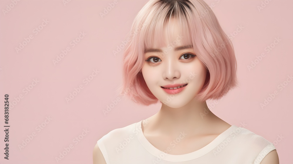 Stylish young woman with pink hair and white top posing confidently for a portrait in urban setting. Generative AI Stylish young woman with pink hair and white top posing confidently for a portrait in urban setting. Generative AI
