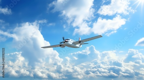 Small Airplane Soaring Through the Clouds in a Clear Blue Sky - Aerial View of Adventure and Freedom Generative AI © bipul
