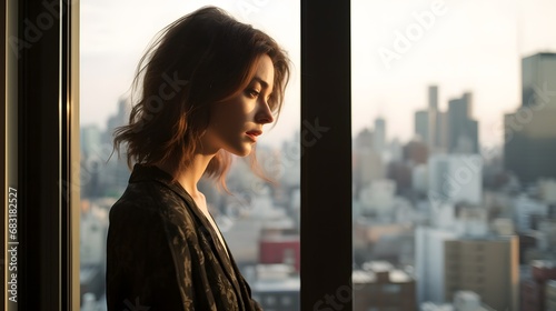 Serene young woman standing by the window and gazing at the breathtaking cityscape in the distance. Generative AI