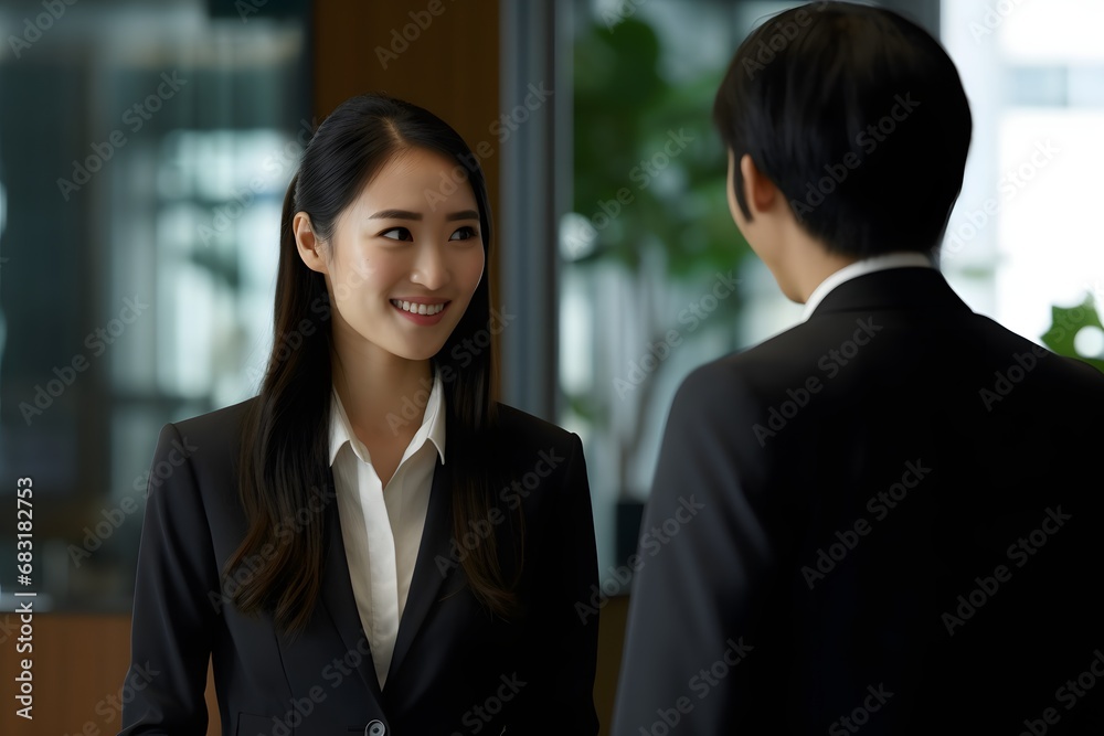 Professional businesswoman having a conversation with a male colleague in formal attire in a modern office setting. Generative AI Professional businesswoman having a conversation with a male colleague in formal attire in a modern office setting. Generative AI