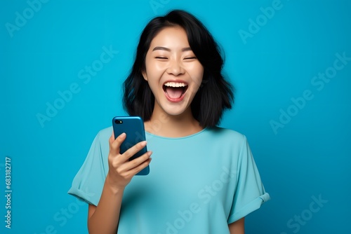 Joyful young woman enjoying a funny moment while holding and looking at her smartphone Generative AI