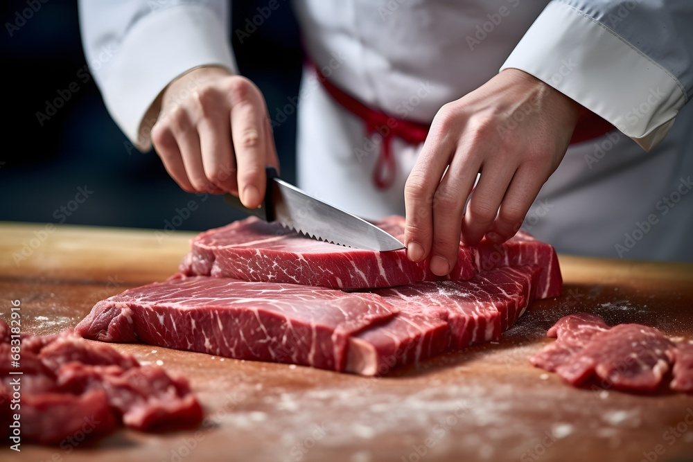 Chef preparing fresh meat on wooden cutting board with sharp knife in kitchen for delicious meal Generative AI