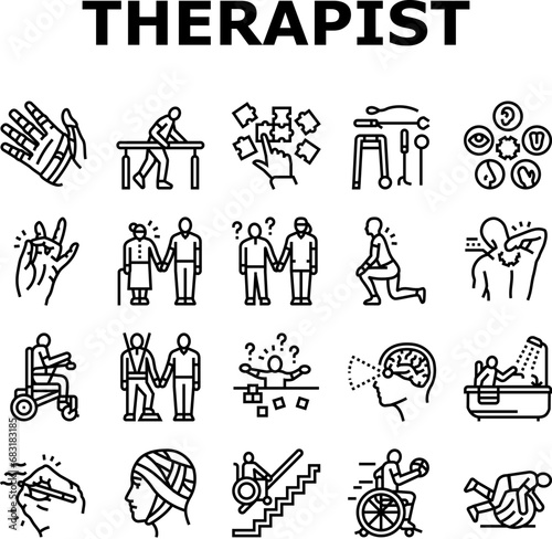 occupational therapist health icons set vector. therapy physical care, physiotherapist assistance, professional doctor occupational therapist health black contour illustrations