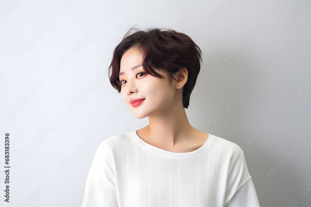 Confident young woman with short hair and white shirt posing for a portrait in natural light Generative AI Confident young woman with short hair and white shirt posing for a portrait in natural light Generative AI