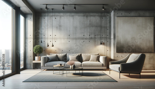 Modern interior design of an apartment, featuring a living room with a gray sofa over a concrete, stucco wall.