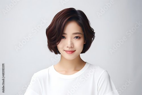 Confident young woman with short hair and white shirt posing for a portrait in natural light Generative AI