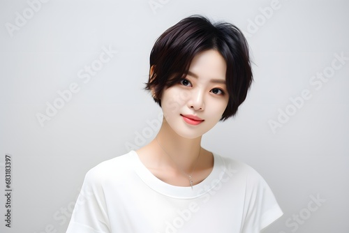 Confident young woman with short hair and white shirt posing for a stylish portrait in natural light Generative AI