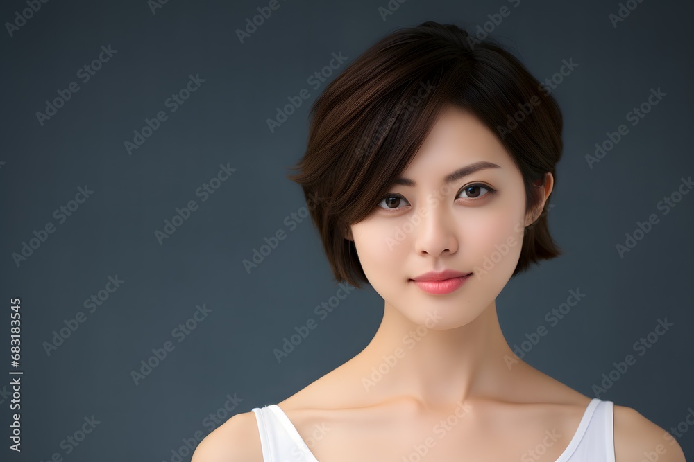 Smiling woman in white tank top posing for a portrait in natural light with a blurred background. Generative AI Smiling woman in white tank top posing for a portrait in natural light with a blurred background. Generative AI