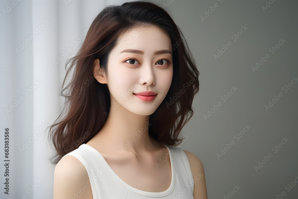 Beautiful Asian Woman with Long Brown Hair Wearing a White Tank Top and Smiling Confidently at the Camera Generative AI