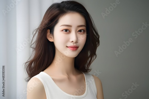 Beautiful Asian Woman with Long Brown Hair Wearing a White Tank Top and Smiling Confidently at the Camera Generative AI