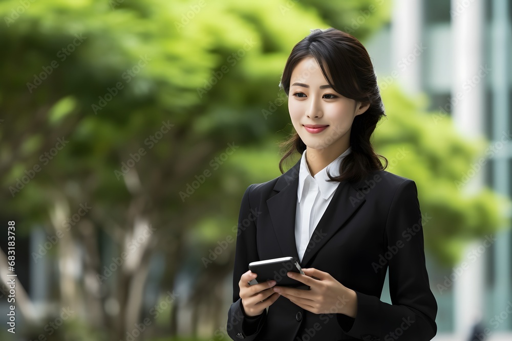 Confident Businesswoman in Suit Smiling While Holding Cell Phone and Communicating with Clients Generative AI Confident Businesswoman in Suit Smiling While Holding Cell Phone and Communicating with Clients Generative AI