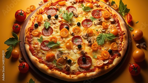 Juicy hot pizza with melting cheese, tomatoes, pepperoni and crispy crust