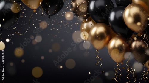 Black and Gold Balloons with Glitter Confetti for a Classy Celebration - Generative AI Elegance photo