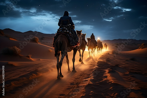Arabians riding camels across the desert over a caravan