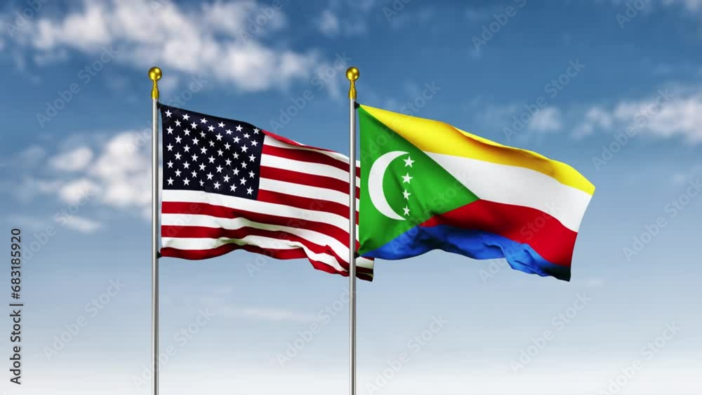 USA and comoros flag waving on sky background. Highly Detailed Fabric Pattern, 3D Rendering video footage. 4K resolution for celebration, national award, patriotic, social media etc. USA and comoros flag waving on sky background. Highly Detailed Fabric Pattern, 3D Rendering video footage. 4K resolution for celebration, national award, patriotic, social media etc.