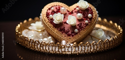 A close-up shot of a glamorous Valentine's Day-themed dessert, adorned with intricate patterns of edible gold, silver, and pearls, creating a decadent and visually stunning treat