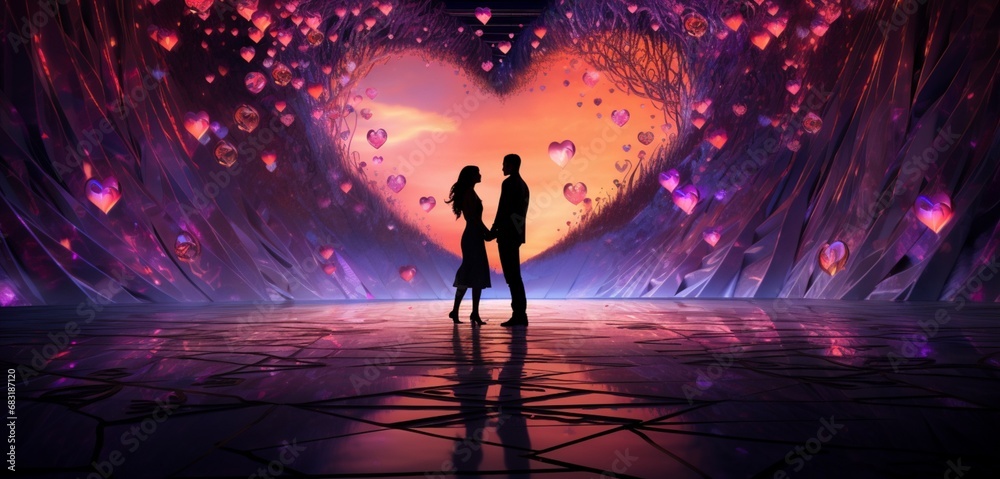 A digital art composition of a virtual reality dance floor with Decorator-patterned lighting effects, inviting couples to sway to the rhythm of love on Valentine's Day