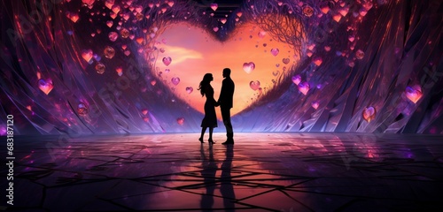 A digital art composition of a virtual reality dance floor with Decorator-patterned lighting effects, inviting couples to sway to the rhythm of love on Valentine's Day