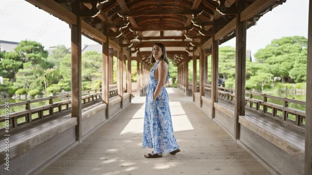 Beautiful hispanic woman, a radiant portrait of happiness and confidence, smiling and posing joyfully at traditional heian jingu in kyoto, japan, portraying carefree fun and success Beautiful hispanic woman, a radiant portrait of happiness and confidence, smiling and posing joyfully at traditional heian jingu in kyoto, japan, portraying carefree fun and success