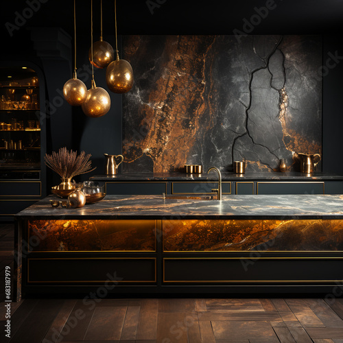 dark sleek golden marble and kitchen countertop, AI Generative.