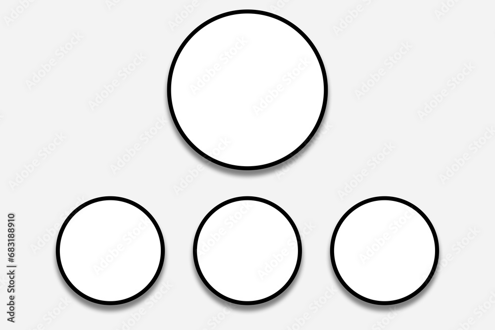 4 Blank white circle photo frames with black borders in a simple layout. Used as a printable photo collage template or a mock up for album pictures or photographs collection in a gallery wall style. 4 Blank white circle photo frames with black borders in a simple layout. Used as a printable photo collage template or a mock up for album pictures or photographs collection in a gallery wall style.