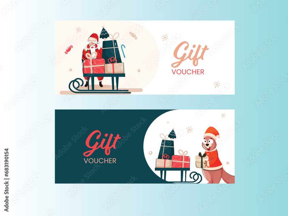 Gift Vouchers Banner or Horizontal Template Design in Two Color Options, Merry Christmas Celebration Concept.