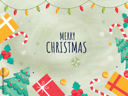 Merry Christmas Celebration Greeting Card with Xmas Trees, Gift Boxes, Holly Berries, Baubles and Lighting Garland Decorated on Background.