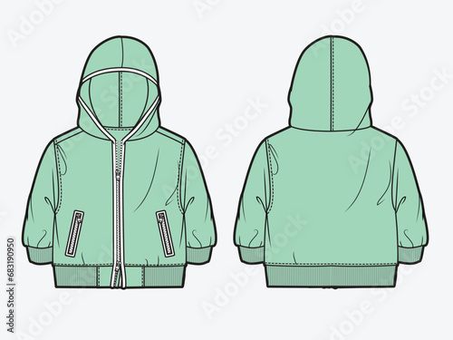 Kids zip up hoodie front and back view flat sketch vector template