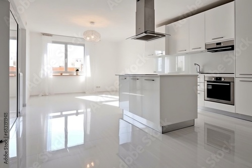 white cabinets in light spacious modern empty open plan stylish refurbished apartment 
