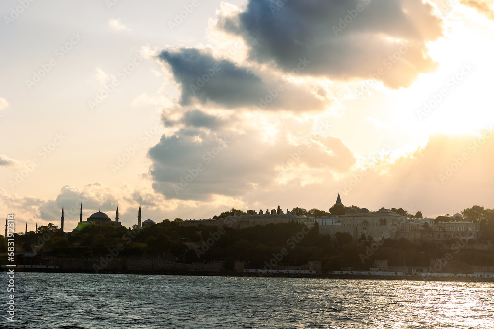 Istanbul background photo at sunset. Topkapi Palace and Hagia Sophia