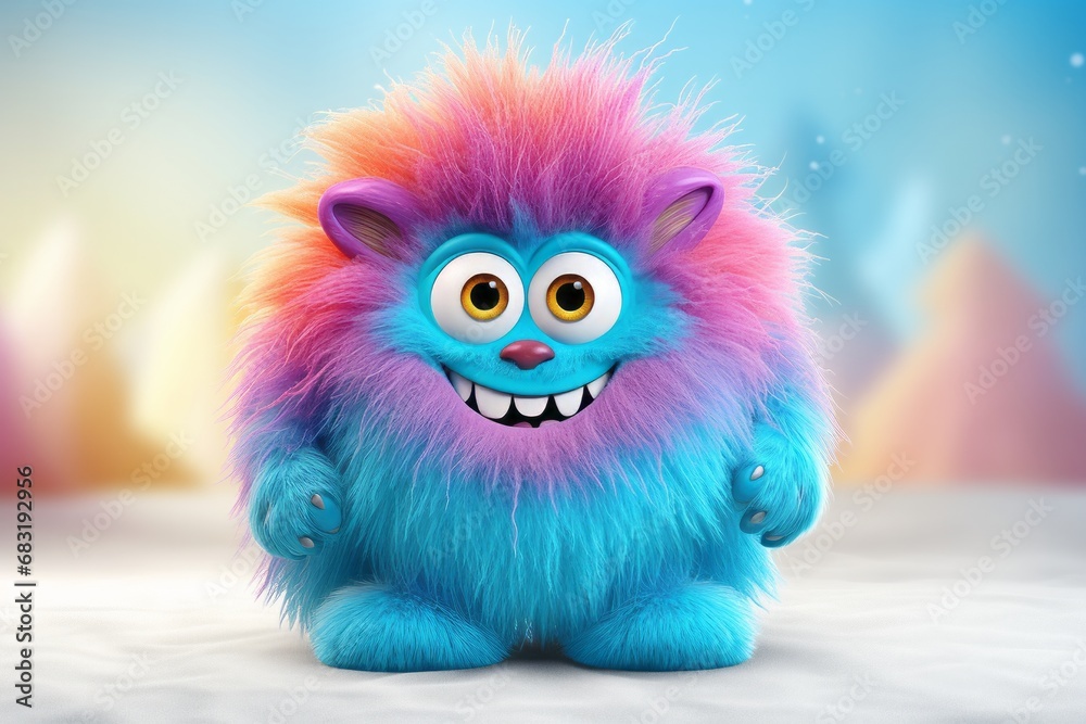 Cute multicolored furry monster 3D cartoon character.