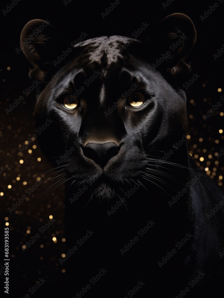 Black panther on dark background, gold glitters
