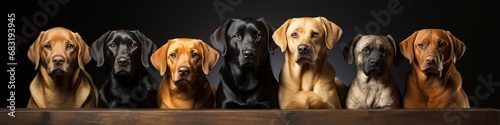Group of Eight Labrador Retrievers Sitting on Wooden Platform