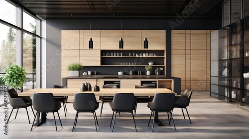 Panorama of modern office interior with wooden tables and black chairs, kitchenette in background