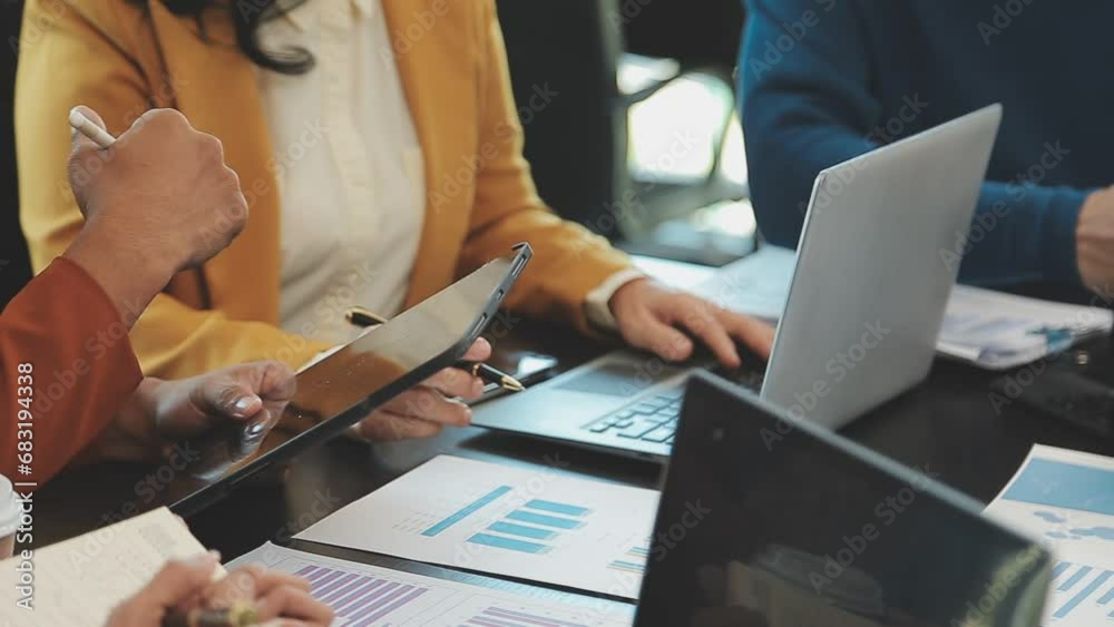 Business team meeting present, investor colleagues consultation and conference new strategy plan business and market growth on financial document graph report, Meeting and Talking.