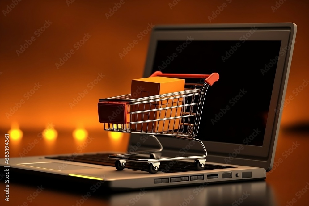Laptop with small shopping cart concept of online shopping 